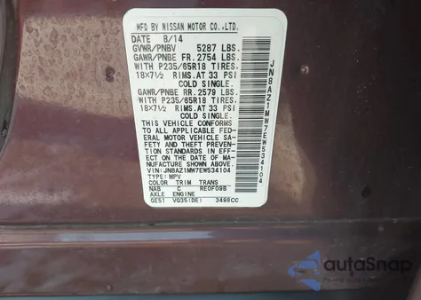 2014 Nissan Murano Sl z USA, uszkodzony, nr VIN JN8AZ1MW7EW534104